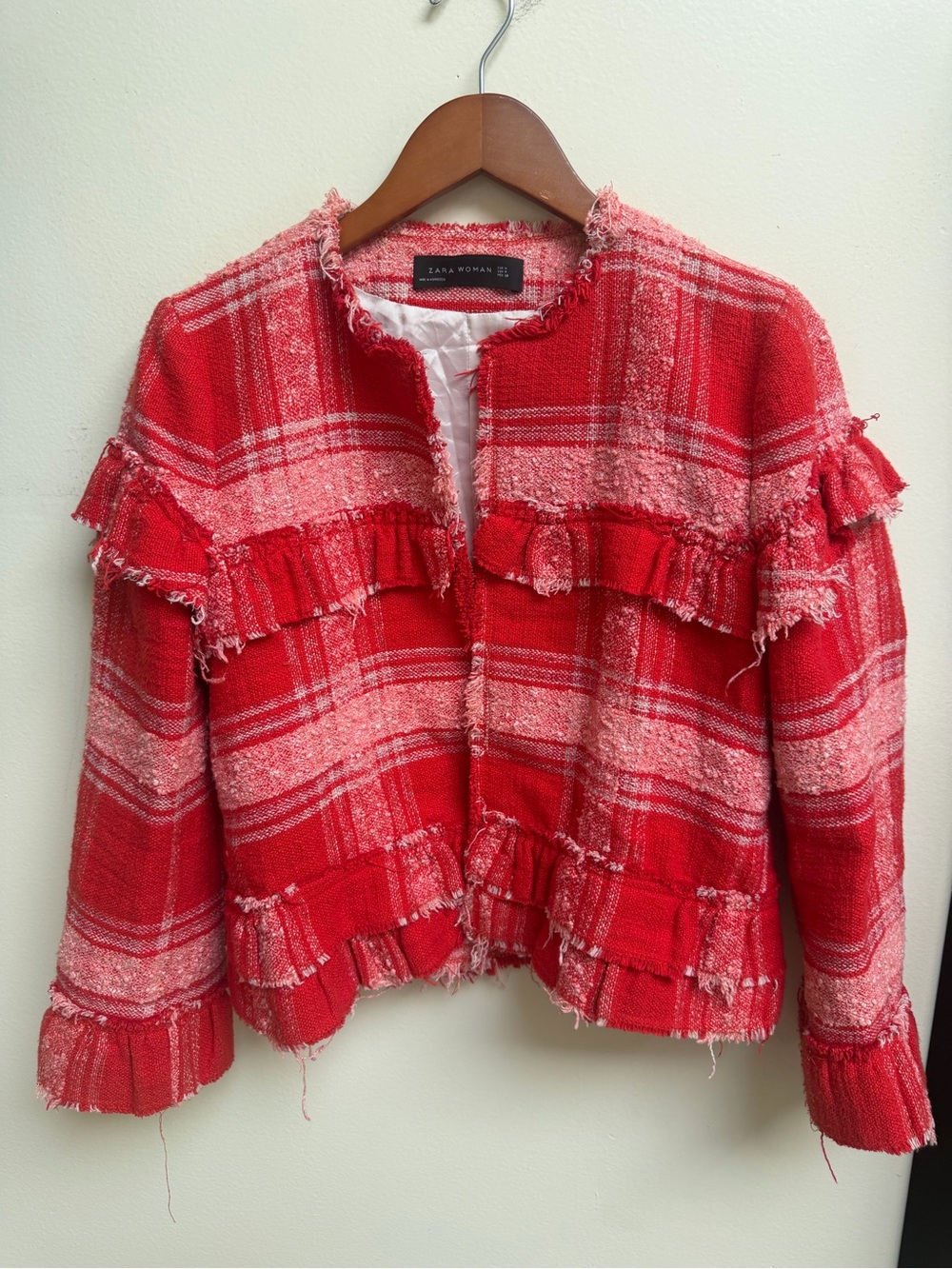 Zara Red Plaid Tweed Cropped Ruffle Jacket